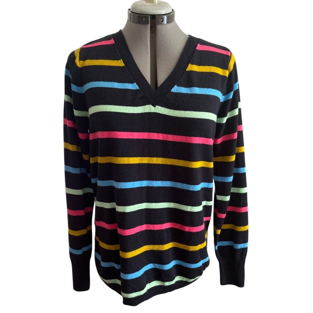Croft & Barrow Black & Multicolor Striped Pullover V-Neck Sweater Size M